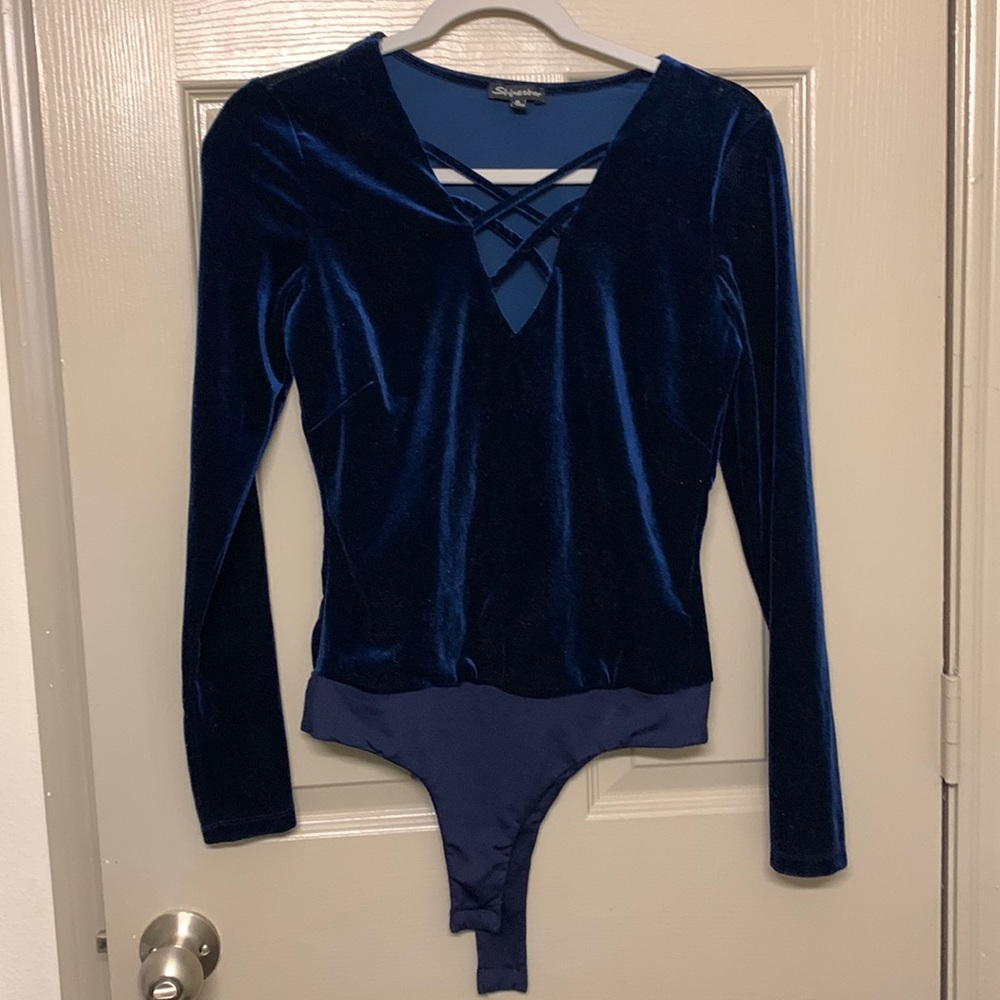 Shinestar Blue Velvet Long Sleeve Bodysuit (size: m)